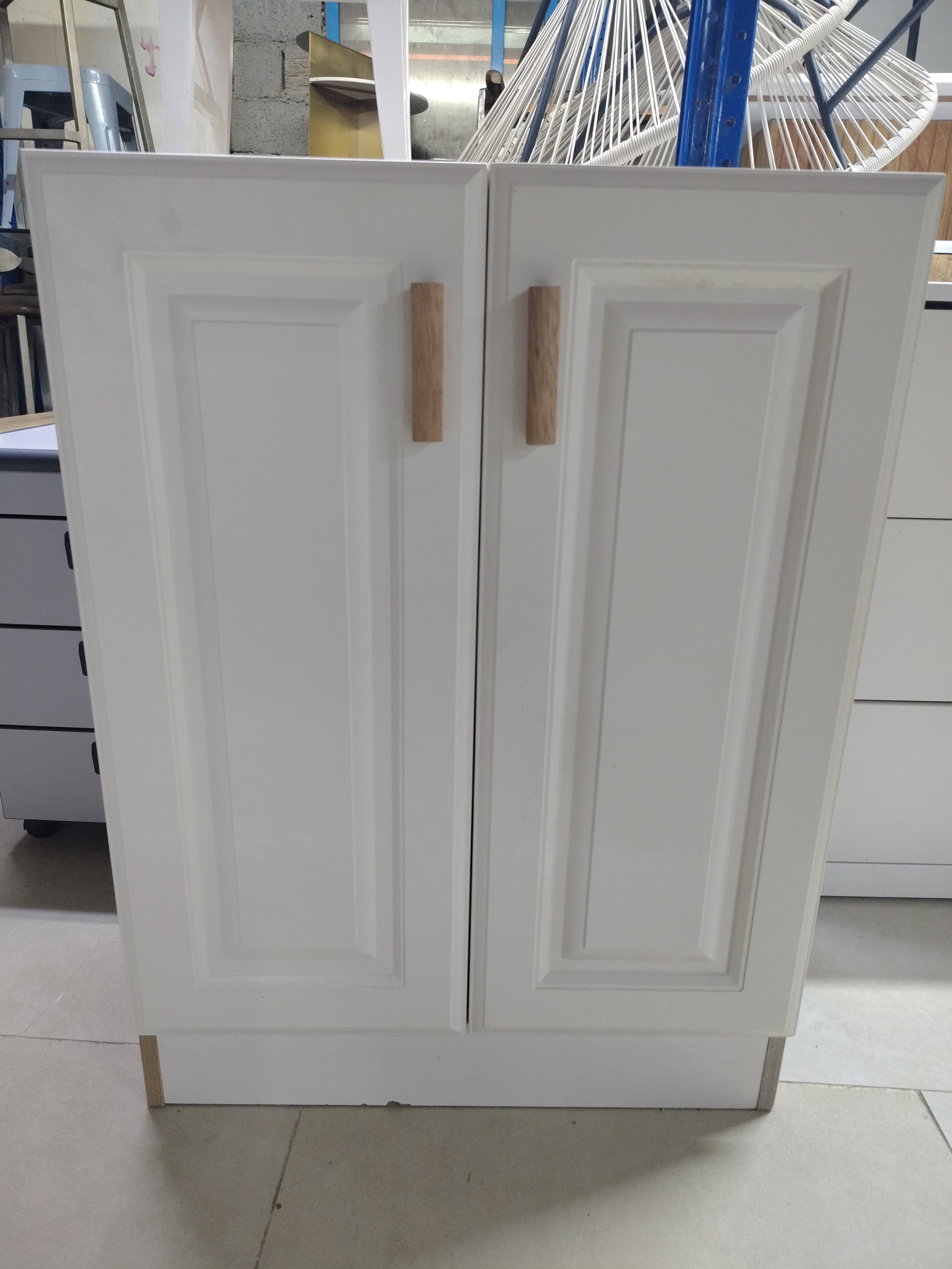 White Double Door Cabinet with Wood Handles