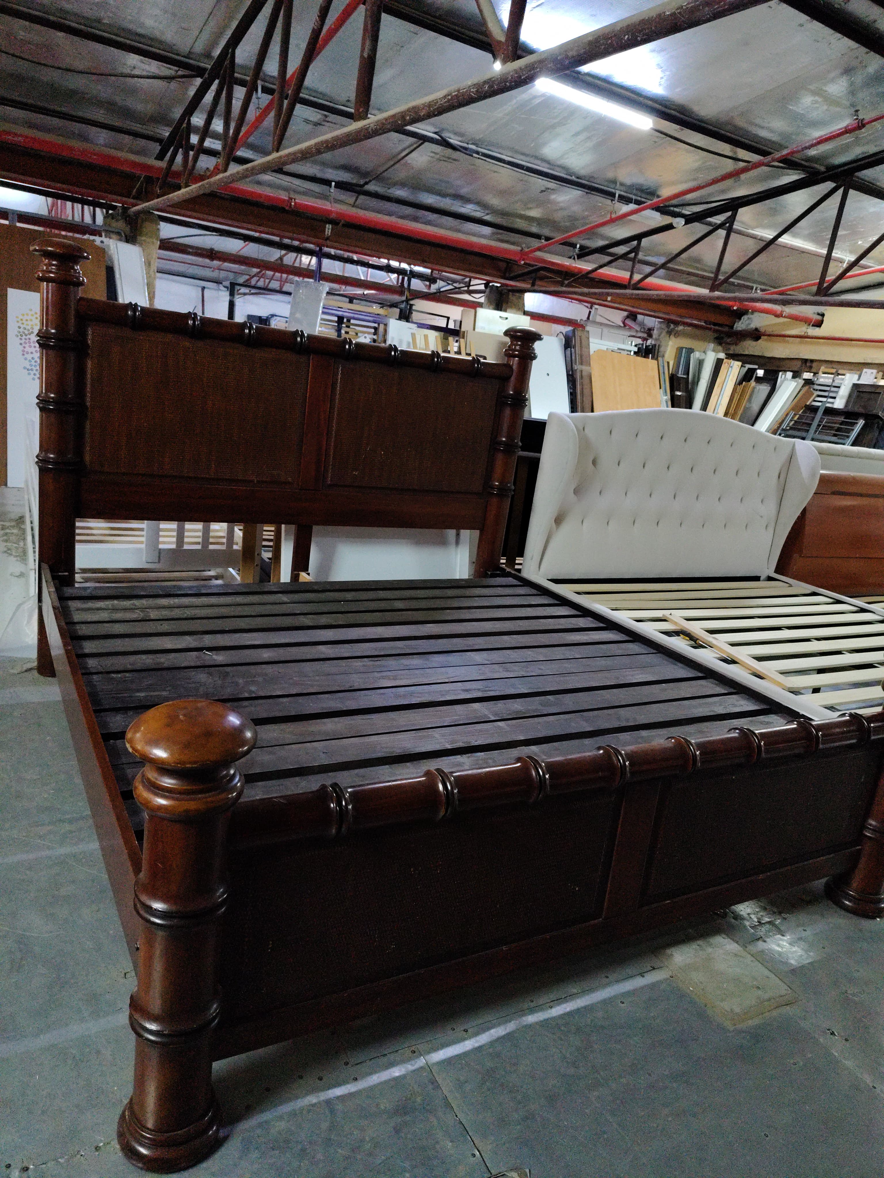 Dark Wood Bed Frame with Woven Headboard