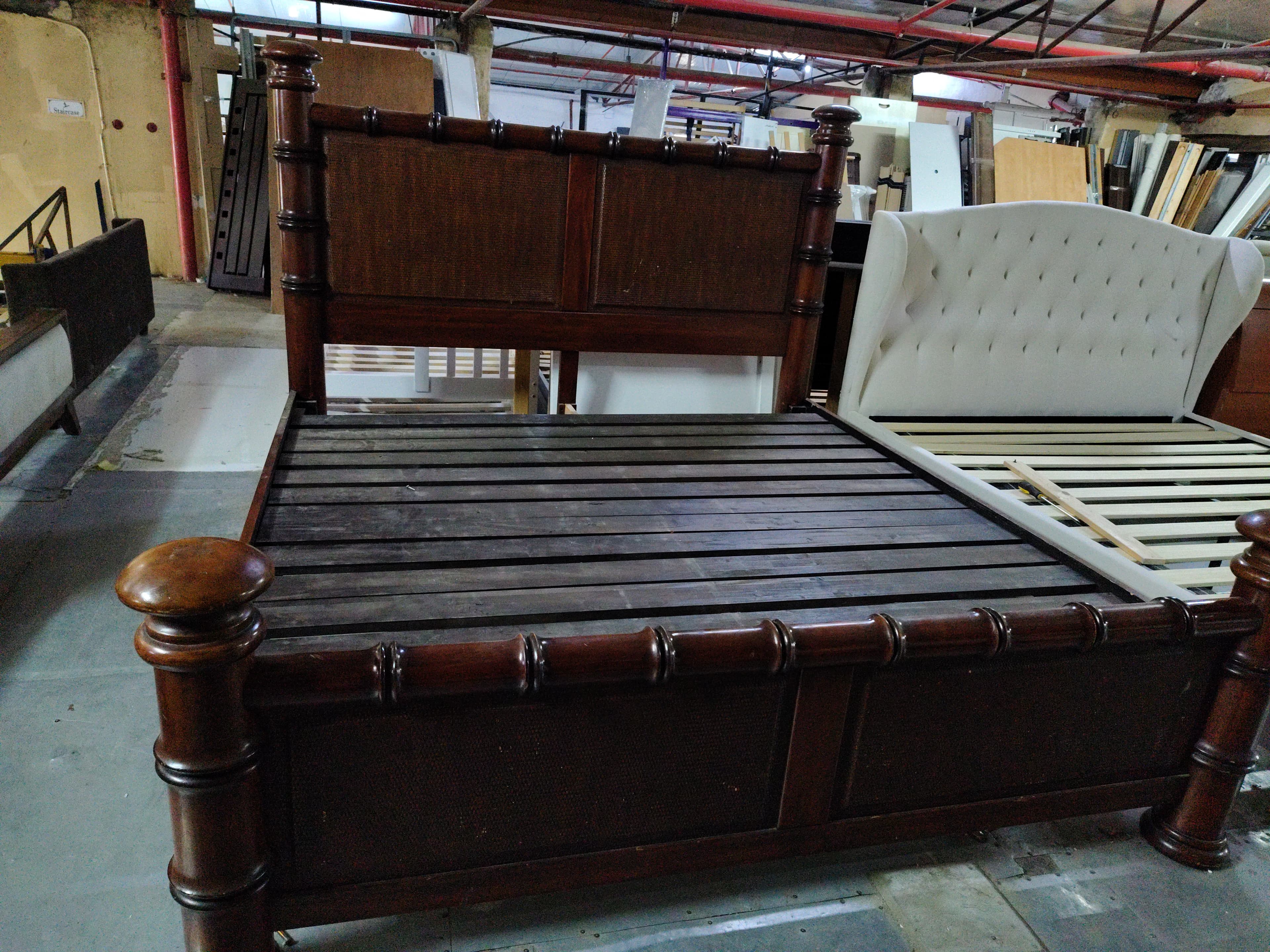 Dark Wood Bed Frame with Woven Headboard 2