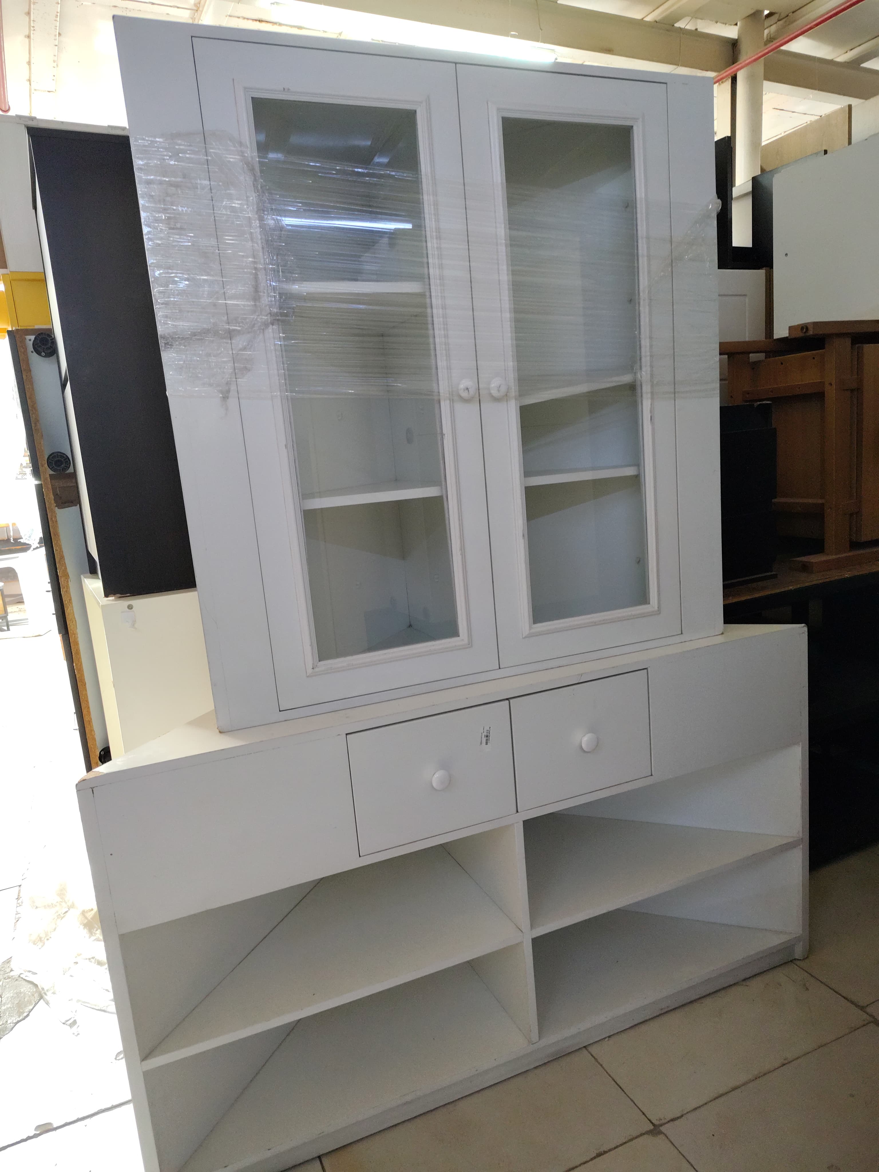 White Display Cabinet with Shelves and Drawers